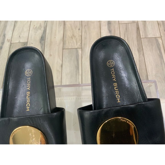 Tory Burch Black Leather Double T Logo Slides Sandals Women's Size - Picture 4 of 17